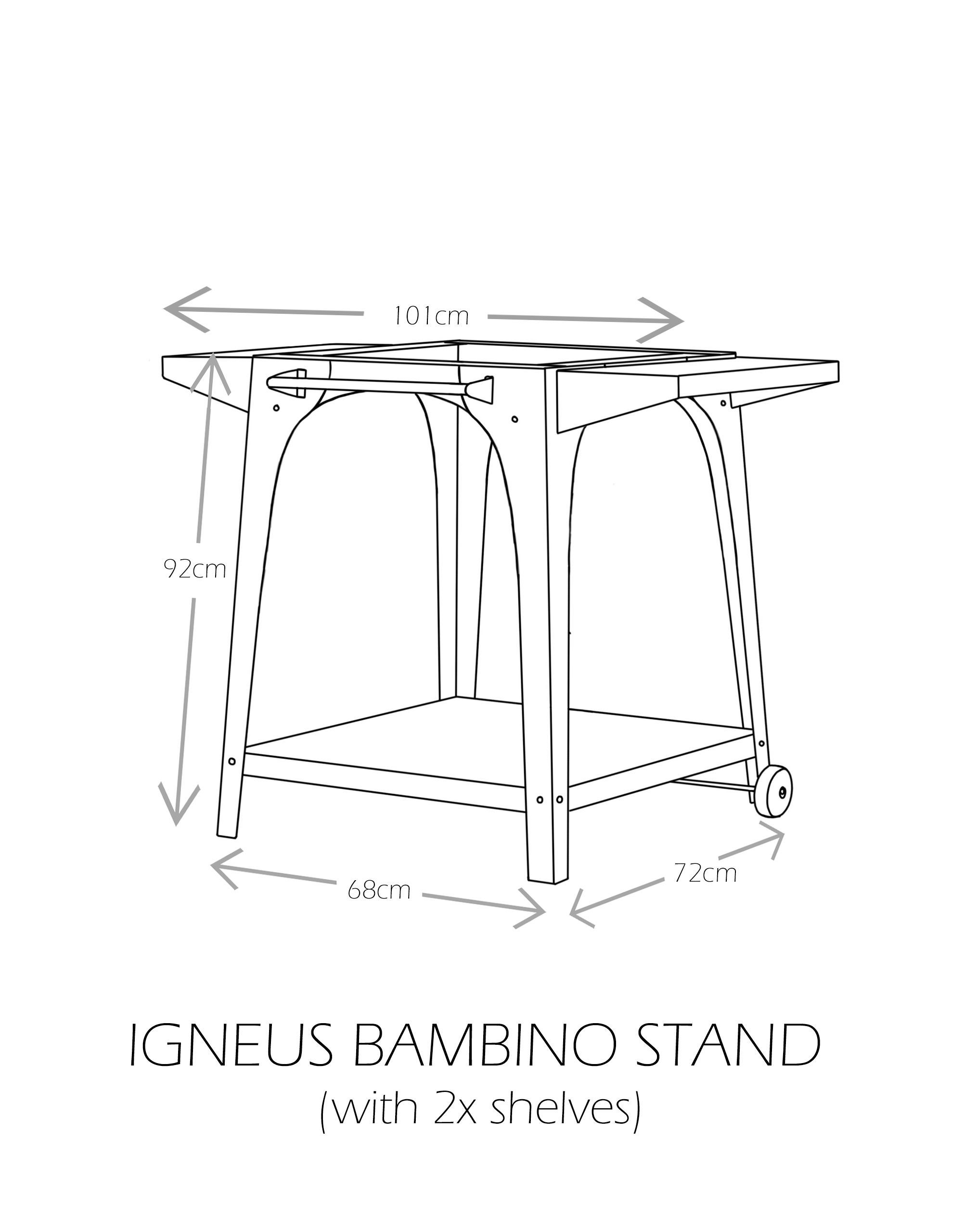 Igneus Bambino stand with 2x shelves - dimensions