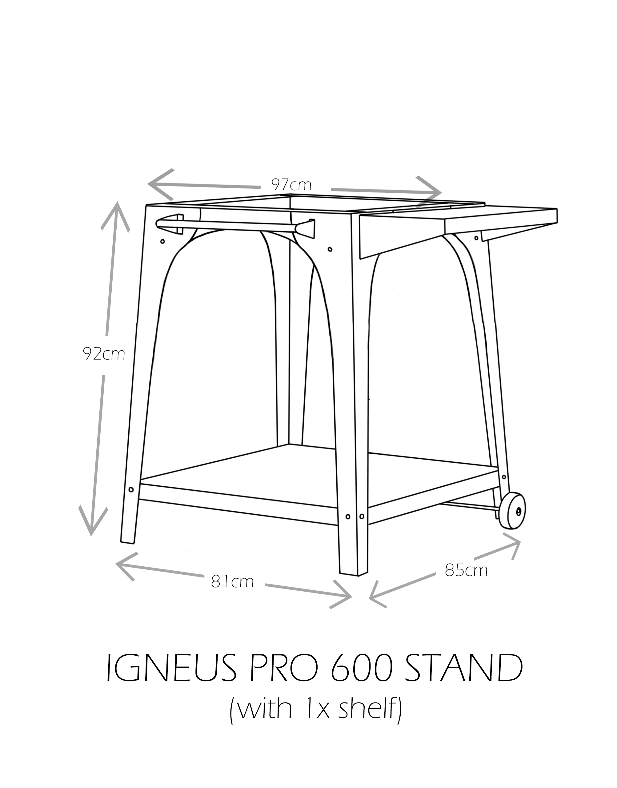 Igneus Pro 600 Stand with 1x shelf - Dimensions