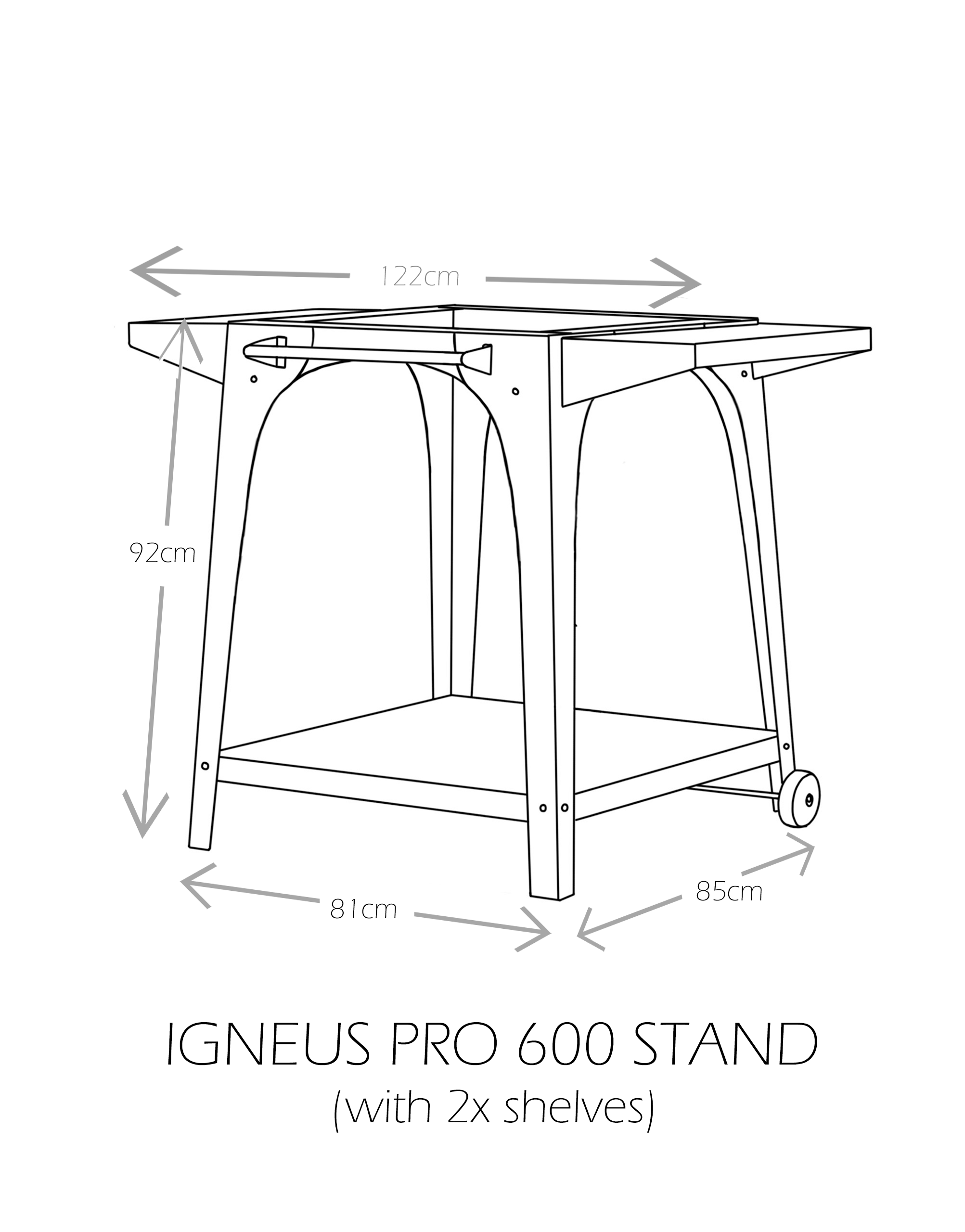 Igneus Pro 600 Stand with 2x shelves - Dimensions
