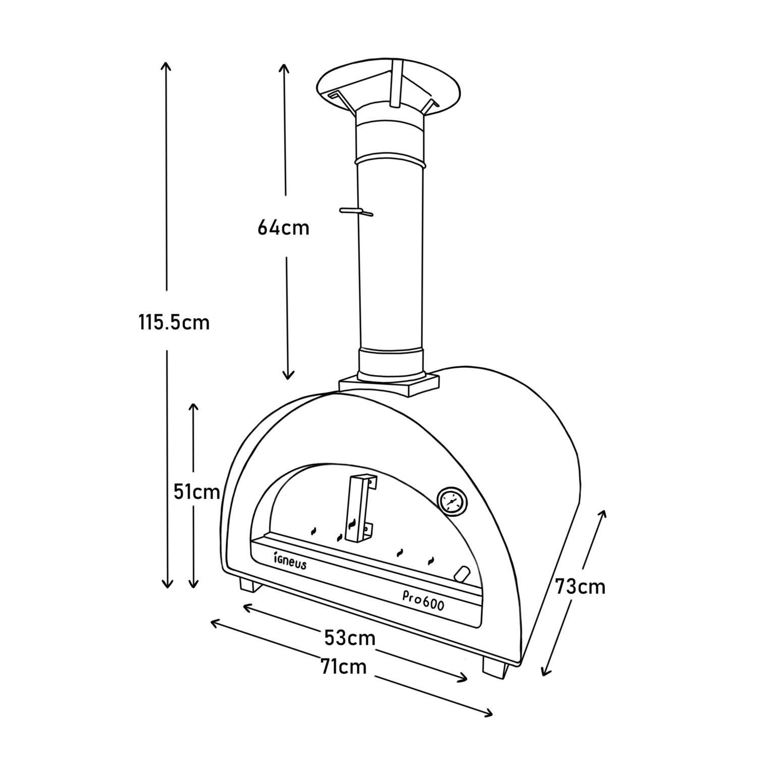 Igneus Pro 600 wood fired pizza oven - dimensions and measurements